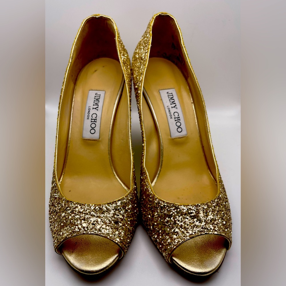 Jimmy Choo Glitter Gold Wedge Shoe